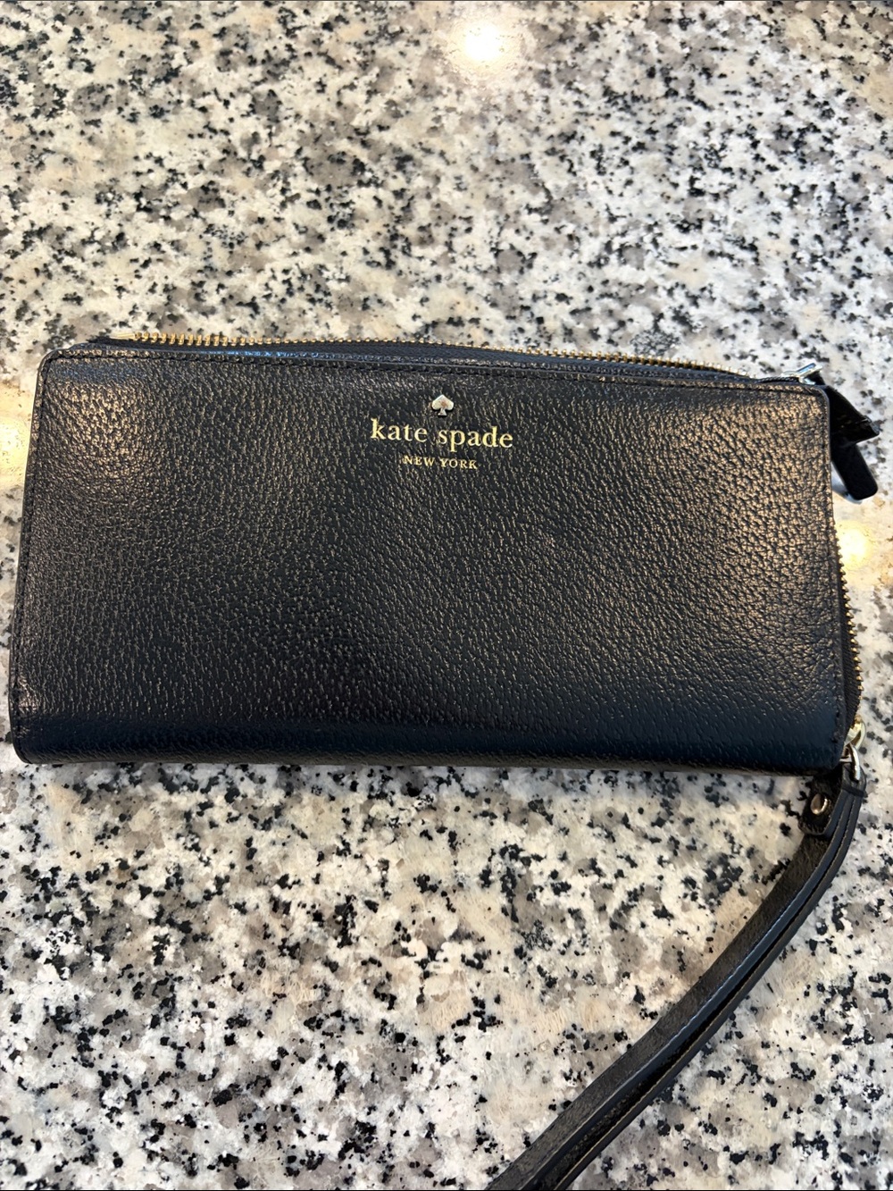 kate spade Black Pebbled Leather Zip Wristlet with Gold Logo